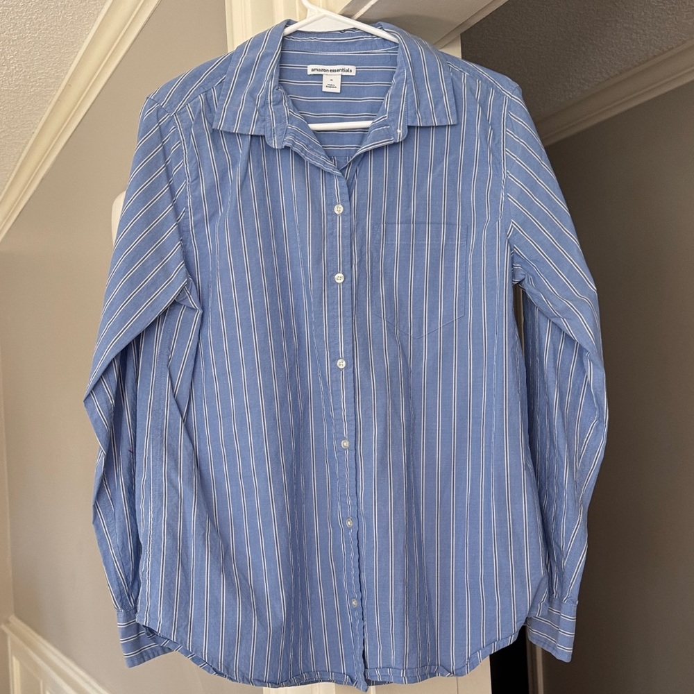 Amazon Essentials Women's Blue and White Striped Button Down Shirt